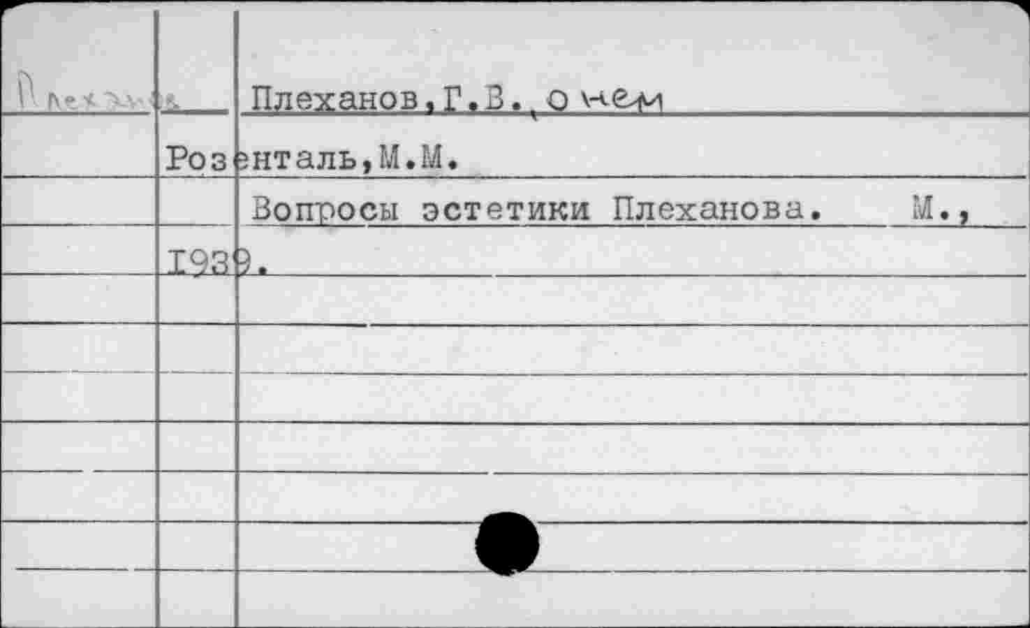 ﻿г-		1 Плеханов, Г. В. г о \-<е>м
	Роз	5Нталь,М.М.
		Вопросы эстетики Плеханова.	М.,
	19.3	).
		
		
		
		
		
		
		